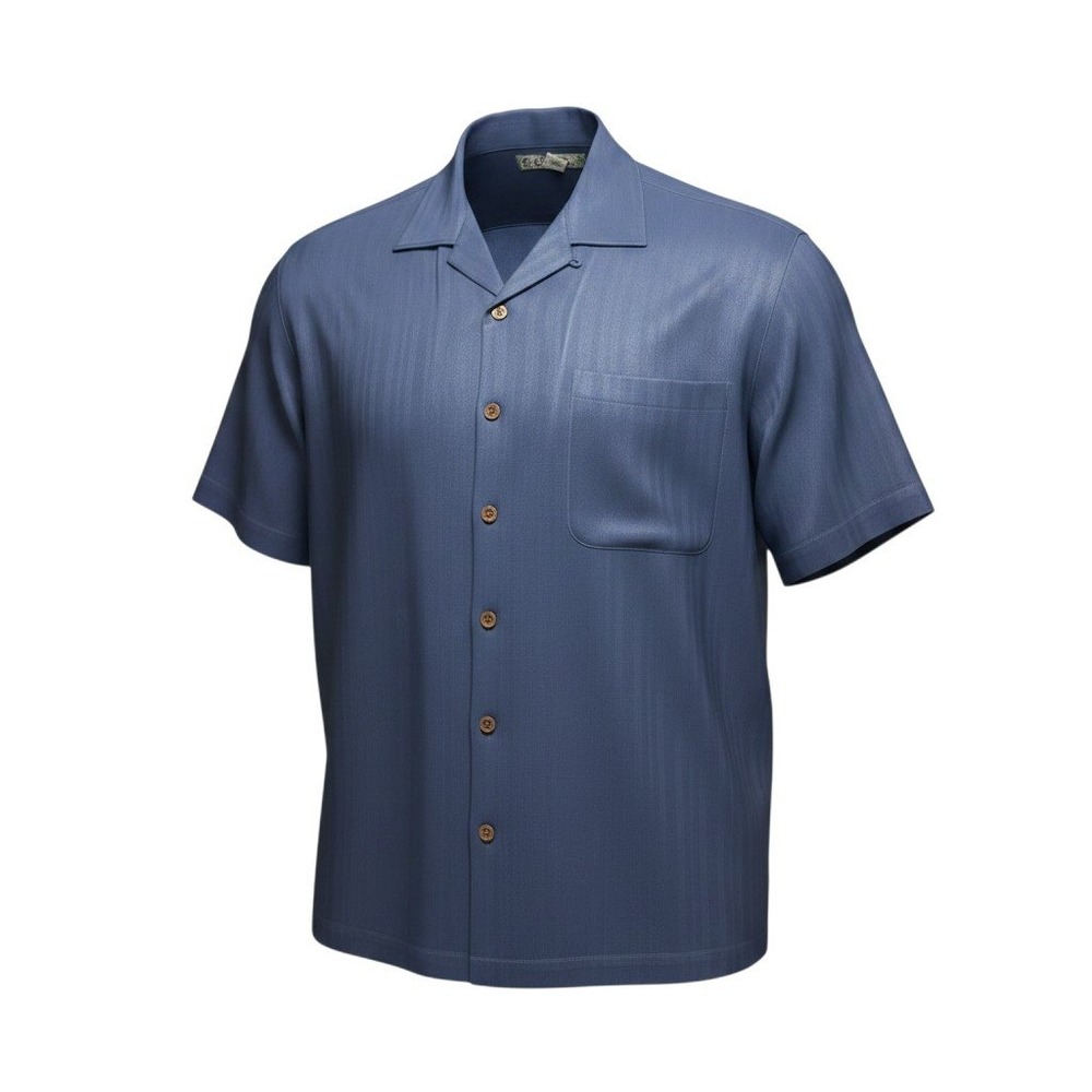 Tommy Bahama Silk Shirt M Blue Herringbone Camp Collar Short Sleeve Button Up‎
